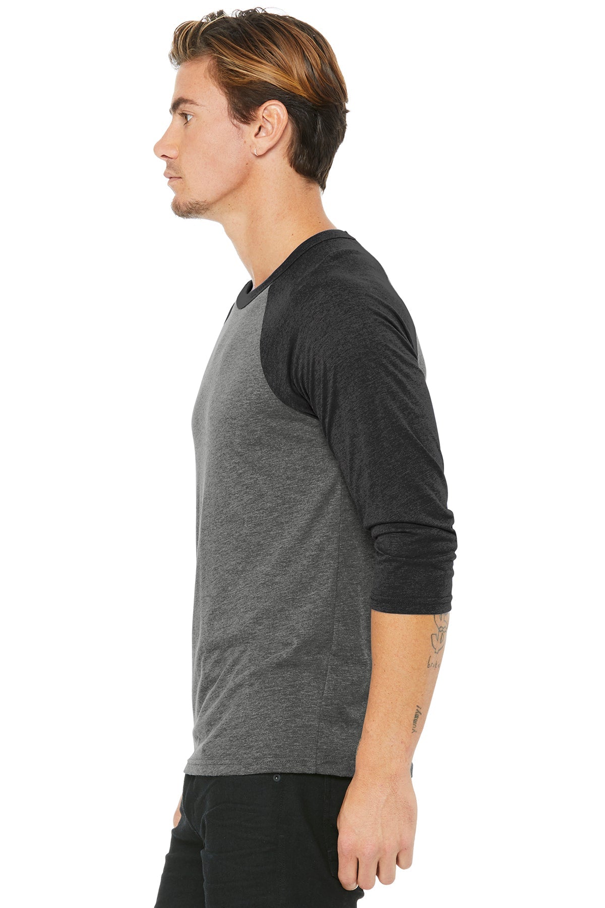 bella + canvas unisex 3/4-sleeve baseball t-shirt 3200 gry/ chr blk trb