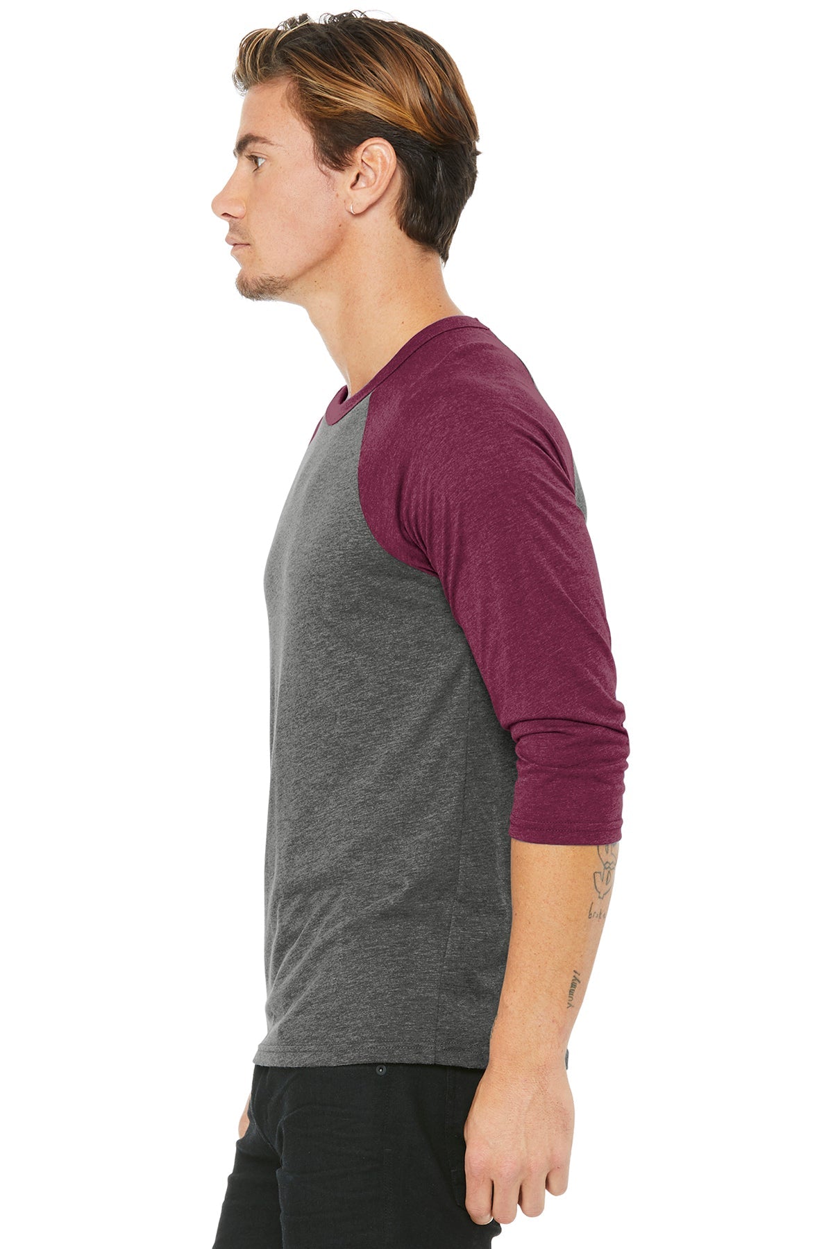 Bella Canvas Unisex 3/4-Sleeve Baseball T-Shirt, Grey/ Maroon [AMERILODGE GROUP]