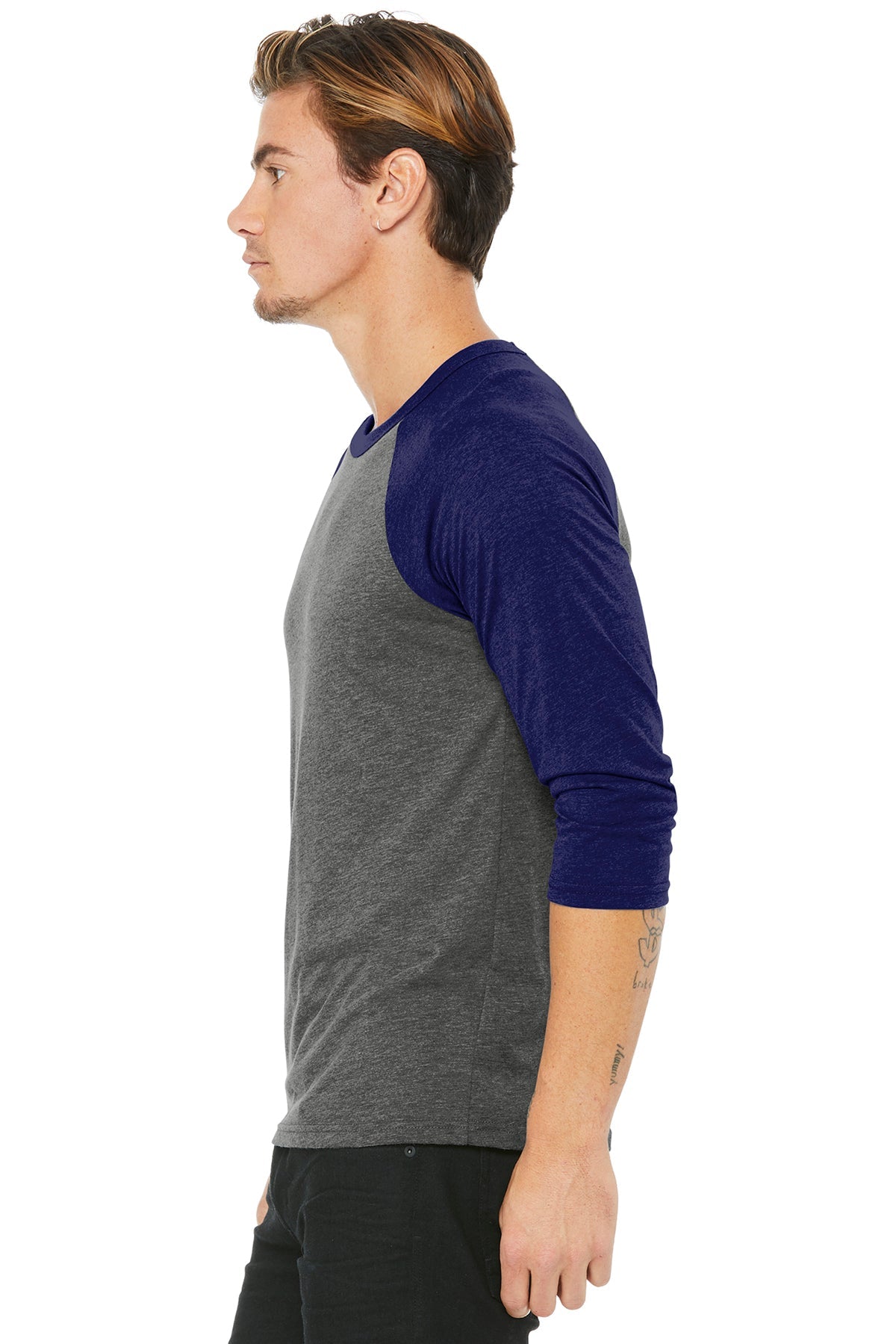 bella + canvas unisex 3/4-sleeve baseball t-shirt 3200 grey/ navy trb