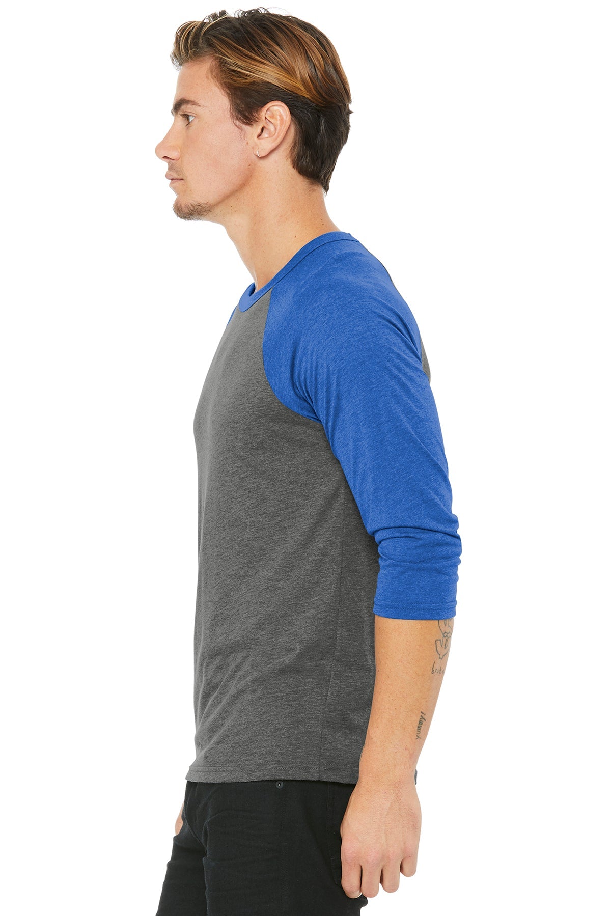 bella + canvas unisex 3/4-sleeve baseball t-shirt 3200 grey/ tr ryl trb