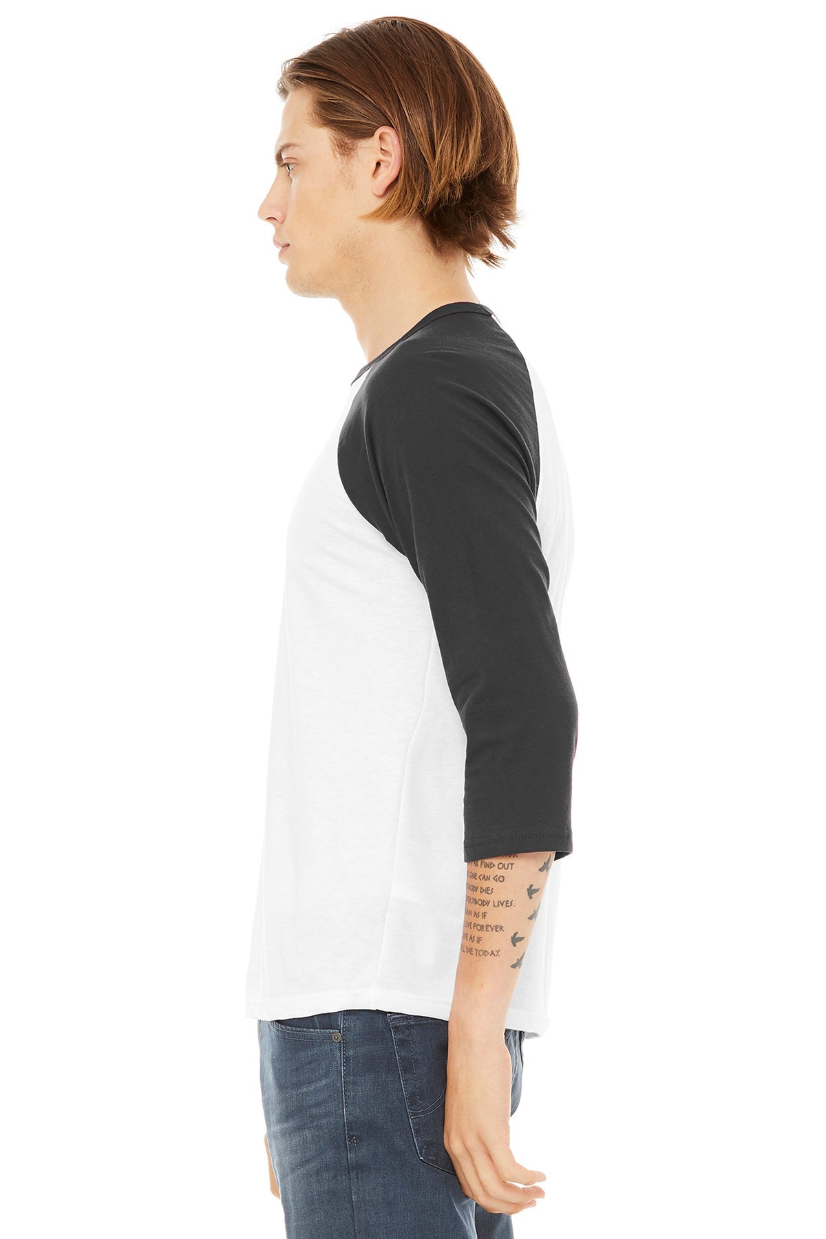 bella + canvas unisex 3/4-sleeve baseball t-shirt 3200 white/ asphalt