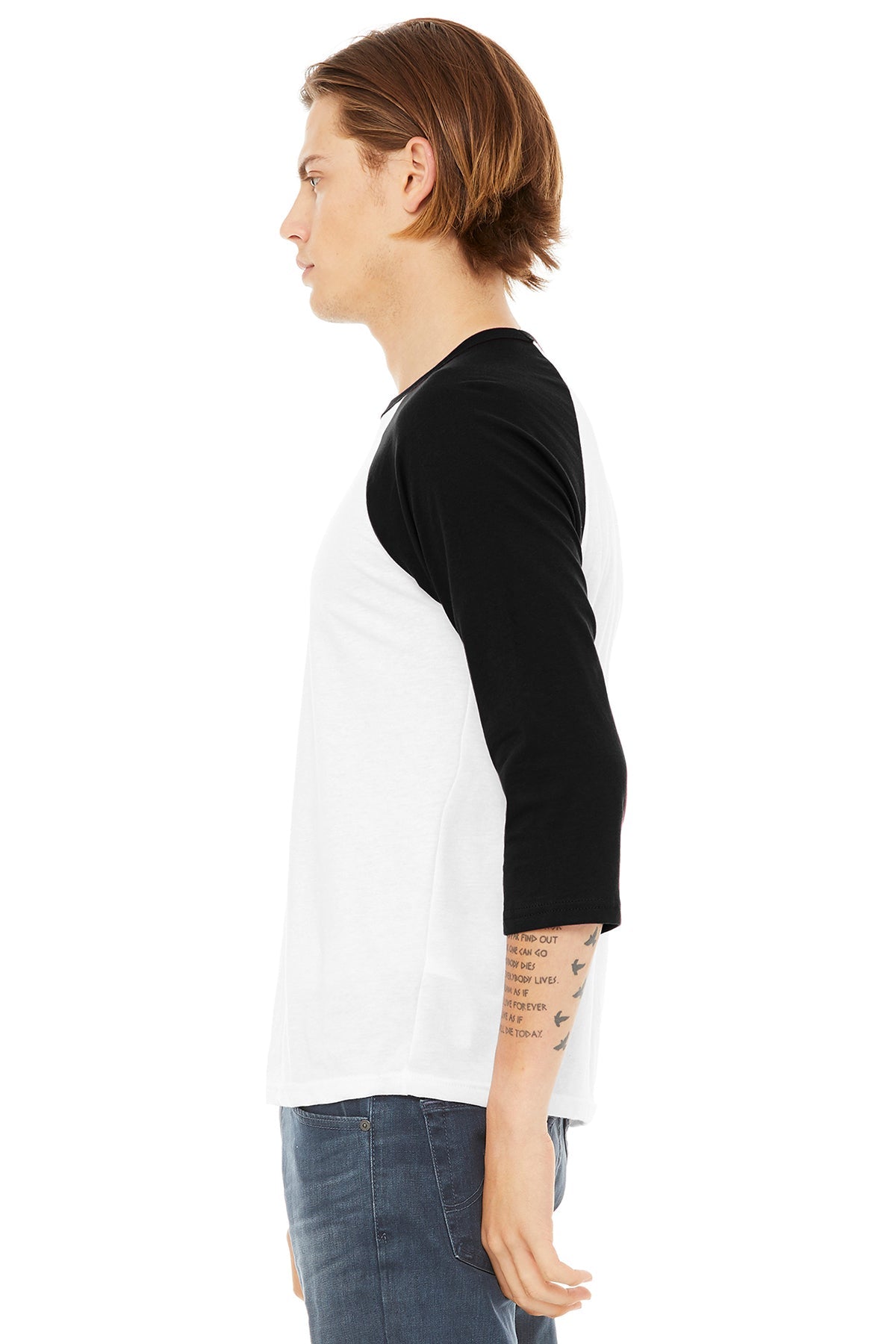 bella + canvas unisex 3/4-sleeve baseball t-shirt 3200 white/ black