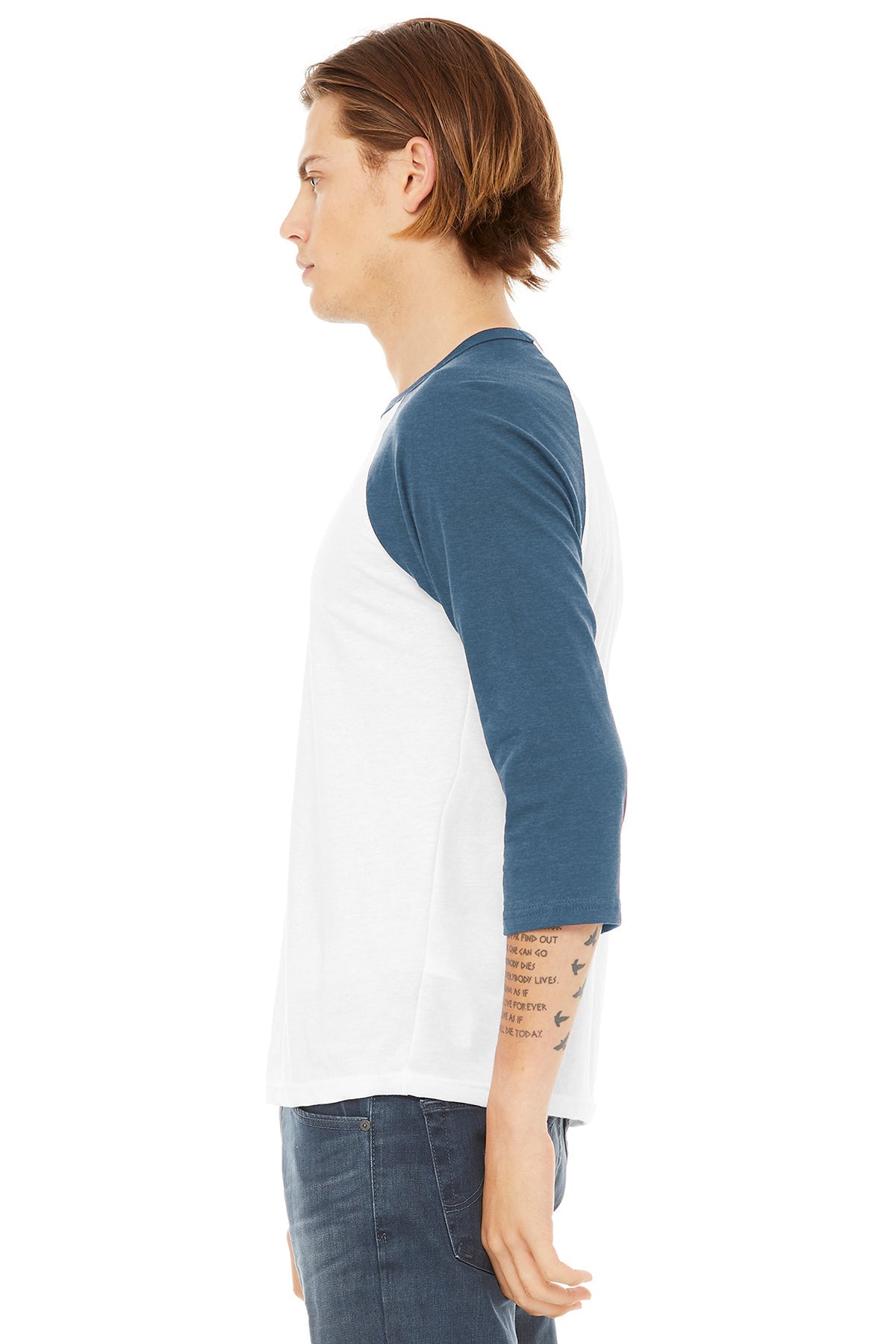 bella + canvas unisex 3/4-sleeve baseball t-shirt 3200 white/ denim