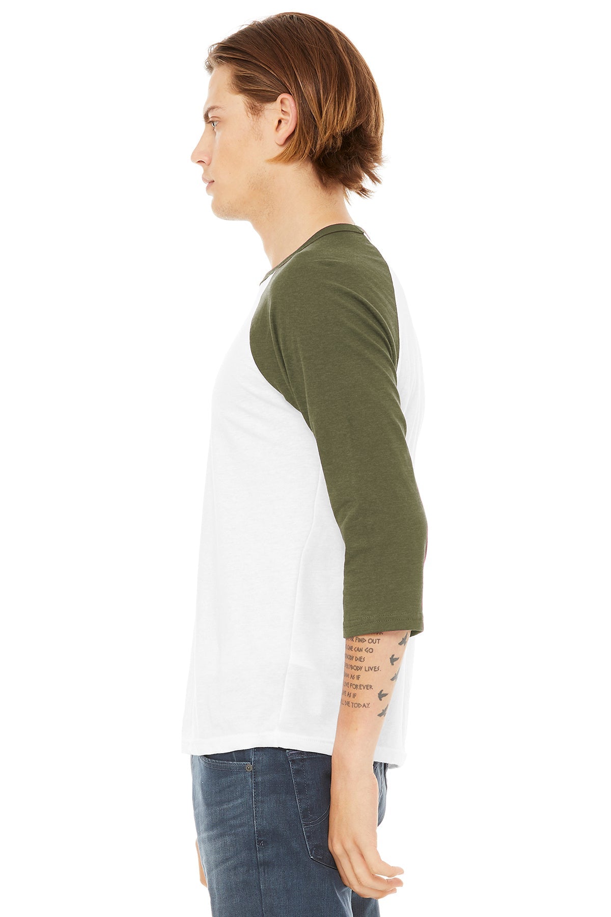 bella + canvas unisex 3/4-sleeve baseball t-shirt 3200 wht/ hthr olive