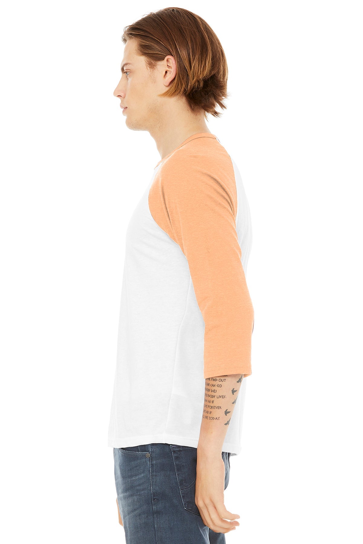 bella + canvas unisex 3/4-sleeve baseball t-shirt 3200 wht/ hthr peach