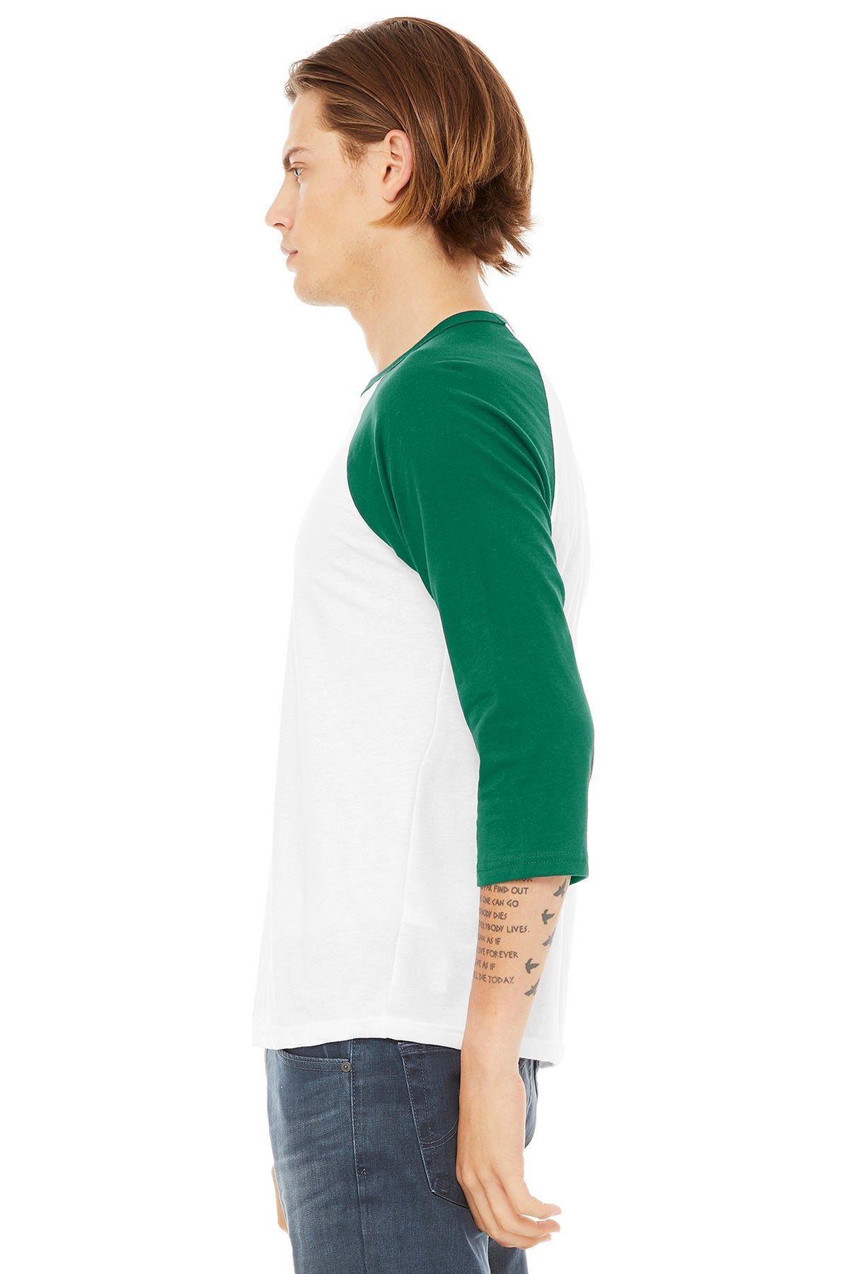 bella + canvas unisex 3/4-sleeve baseball t-shirt 3200 white/ kelly