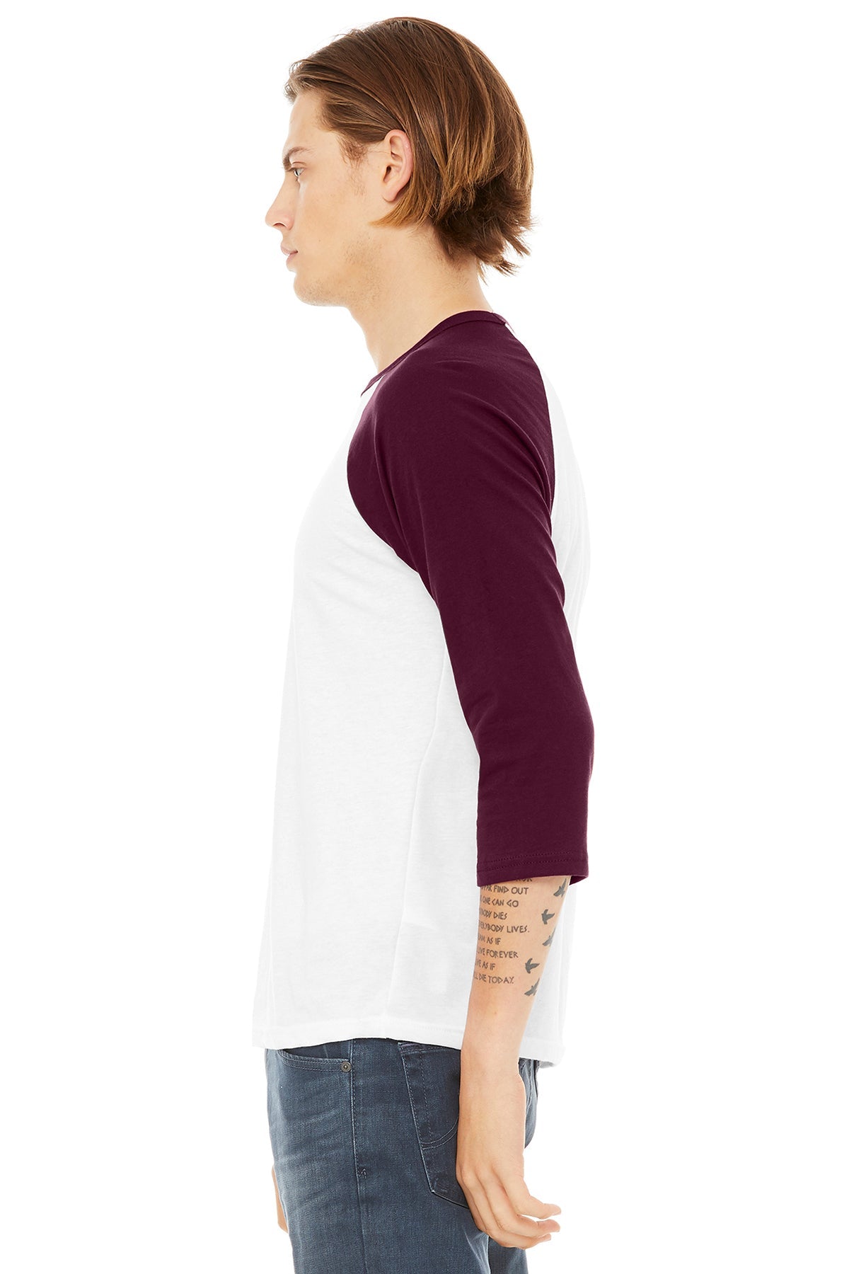 bella + canvas unisex 3/4-sleeve baseball t-shirt 3200 white/ maroon