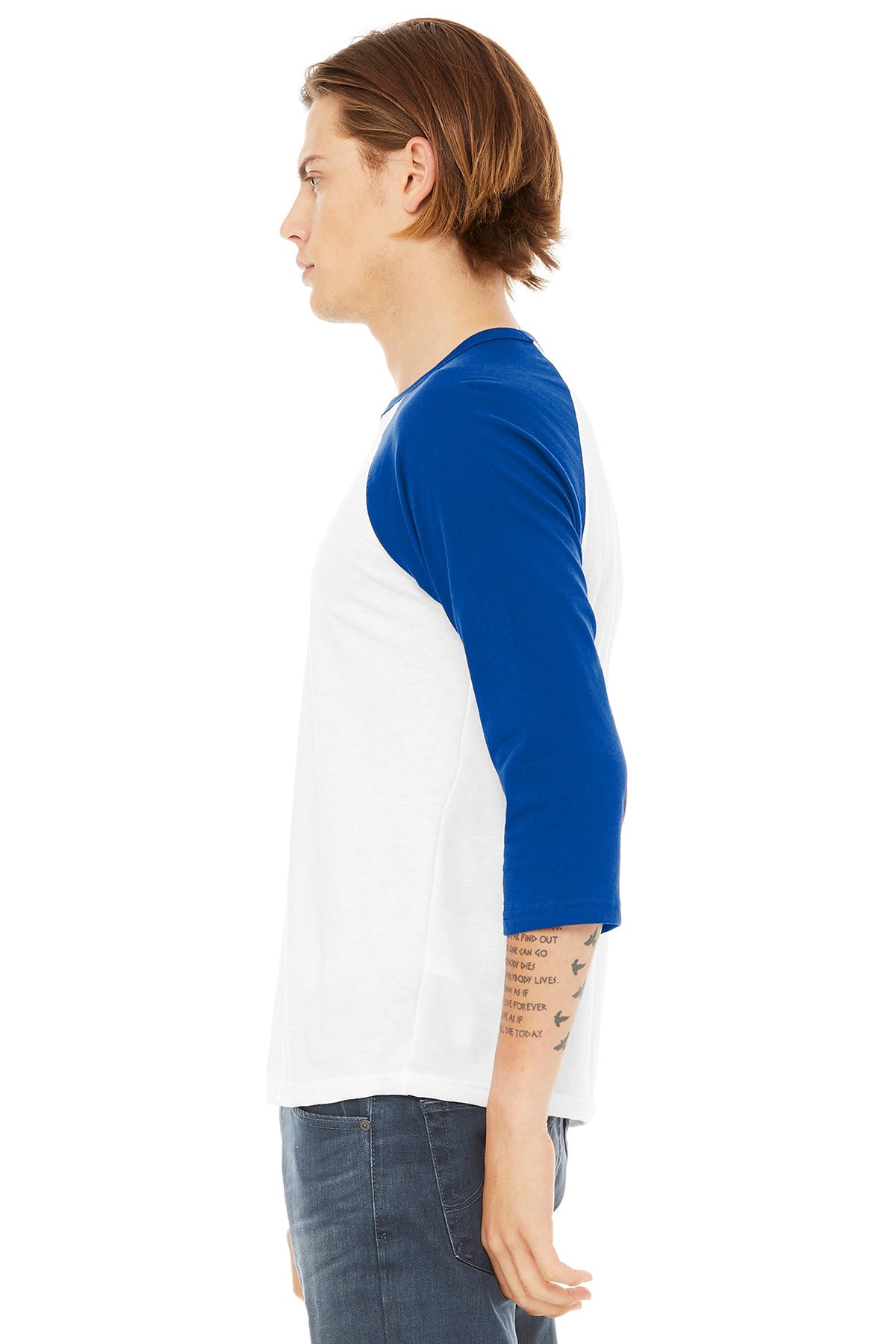 bella + canvas unisex 3/4-sleeve baseball t-shirt 3200 white/ tr royal