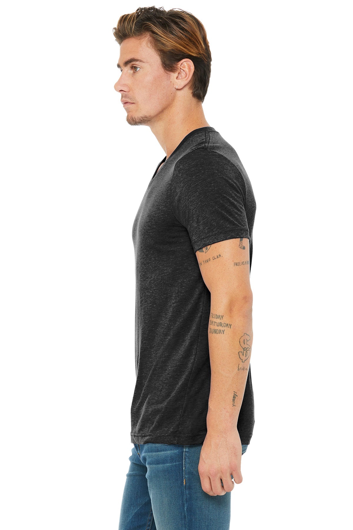 bella + canvas unisex triblend short sleeve v-neck t-shirt 3415c char-black trib