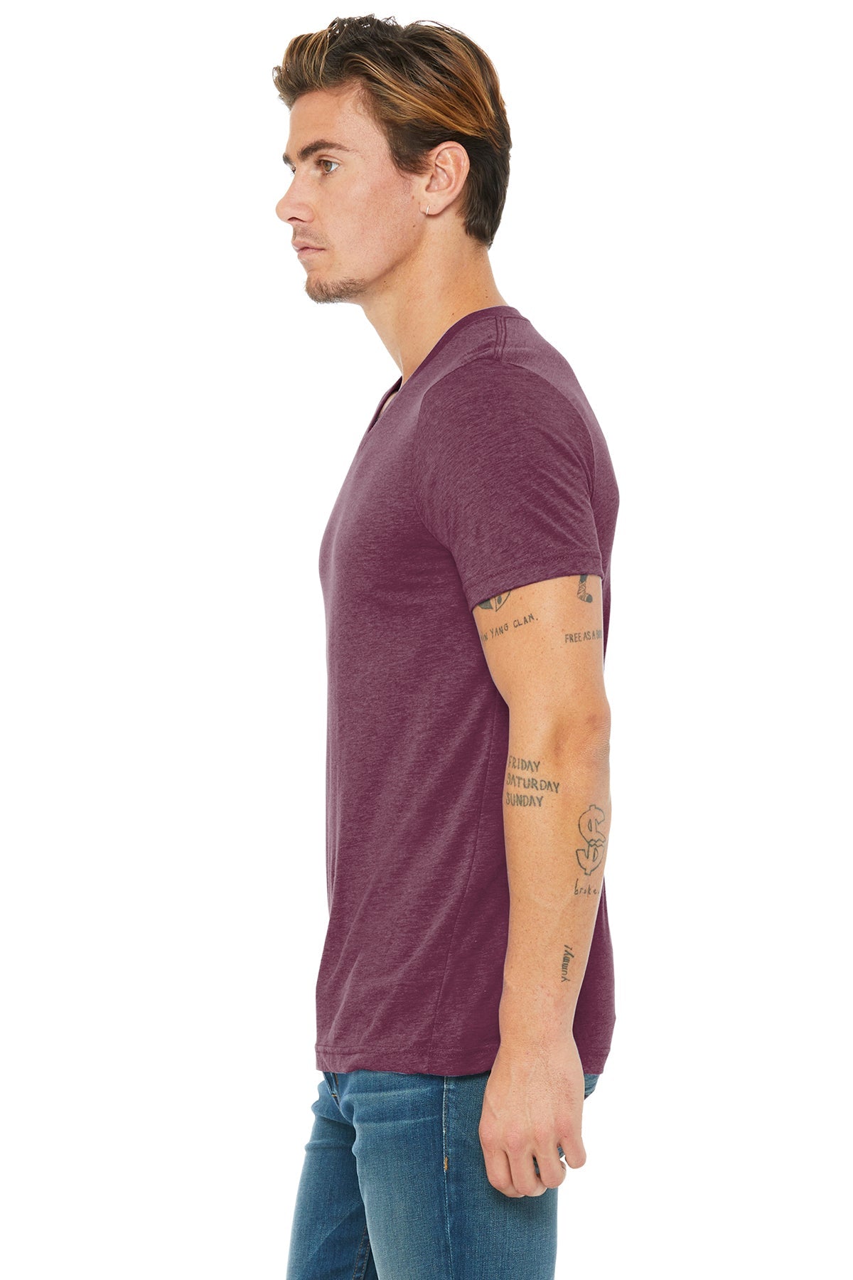 bella + canvas unisex triblend short sleeve v-neck t-shirt 3415c maroon triblend