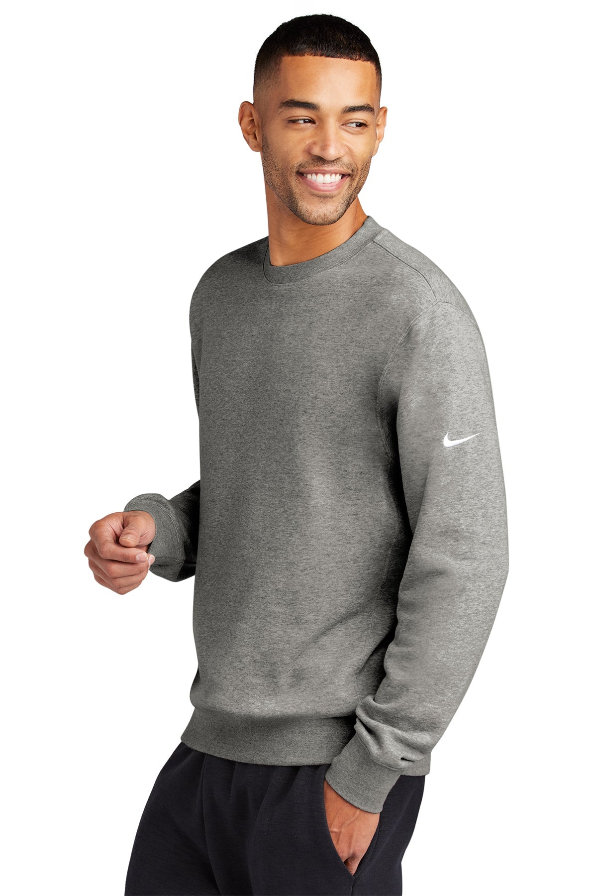 Nike Club Fleece Swoosh Custom Crews, Dark Grey Heather