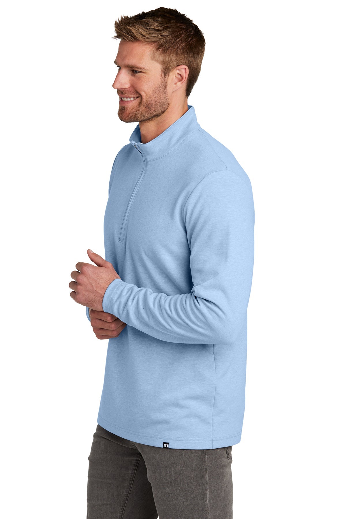 TravisMathew Coveside Branded Quarter Zips, Light Blue Heather