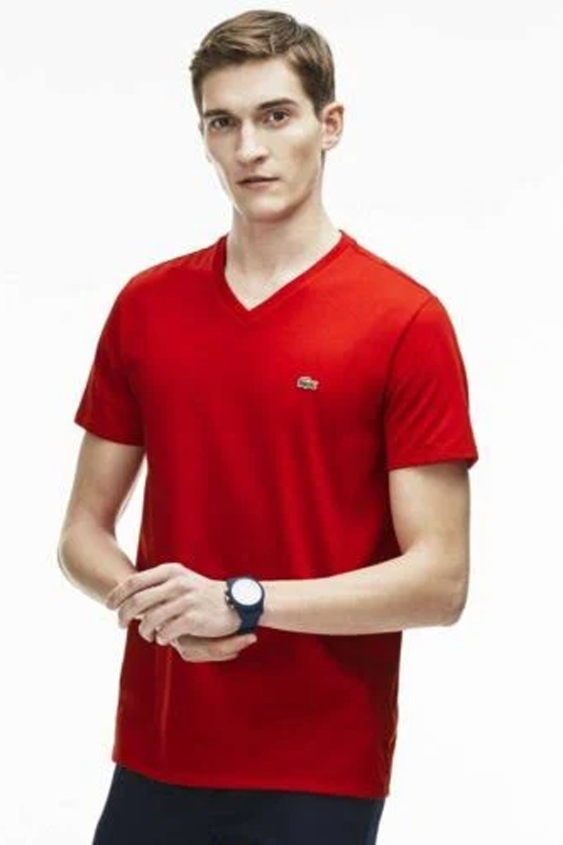 Custom Lacoste Mens V-neck Pima Cotton T Shirt TH6710 Red