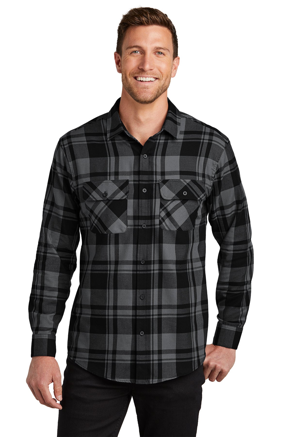 Branded Port Authority Plaid Flannel Shirt W668 Grey/Black